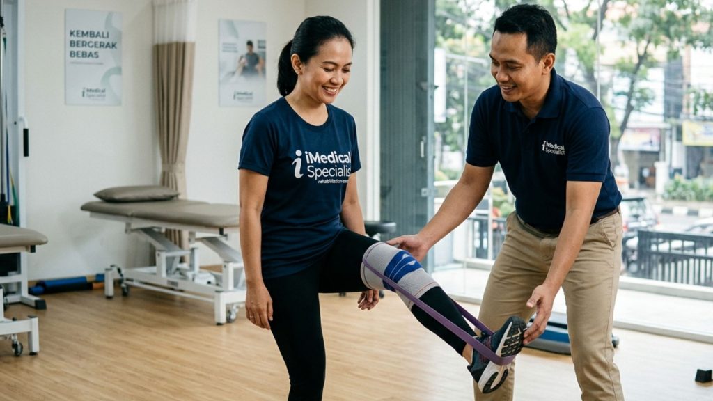 Pasien wanita Indonesia sedang menjalani sesi fisioterapi untuk pemulihan lutut di klinik iMedical Specialist